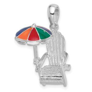 925 Sterling Silver Polished 3D Enameled Umbrella Beach Adirondack Chair Pendant
